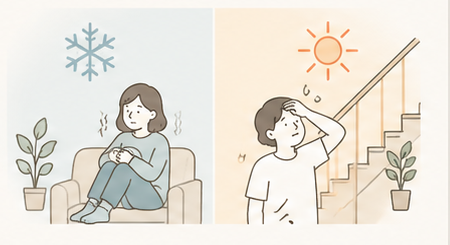 冬の寒さと夏の暑さを心配する人のイラスト